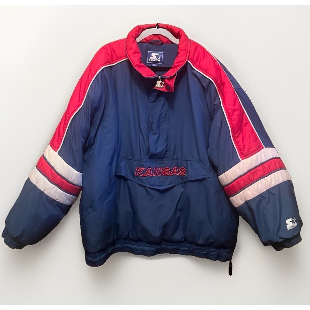 Vintage 90s Starter Kansas Jayhawks Puffer Jacket Mens XL Half Zip Pullover KU